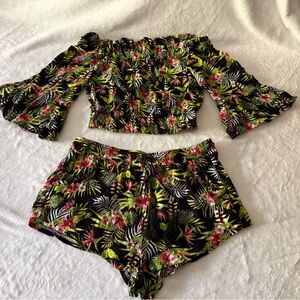 Salty Lemon Tropical Floral Palms Black Cropped Top Shorts Set S Beach